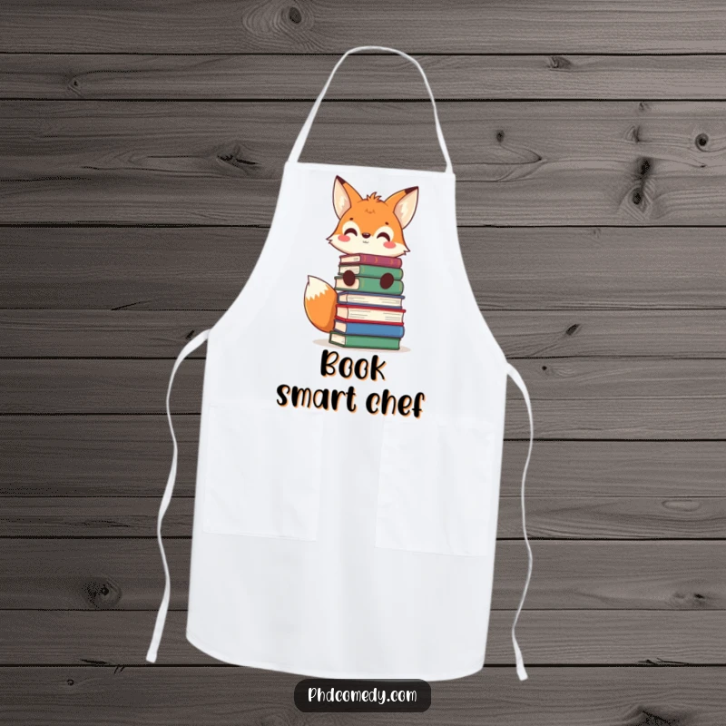 Funny curious kawaii fox balancing books on its head, grinning, on a humorous kitchen apron.