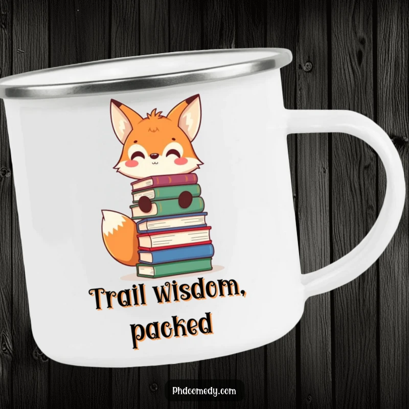 Funny curious kawaii fox balancing books on its head, grinning, on a sturdy camping mug.