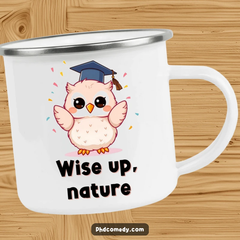 Funny kawaii owl in a graduation cap, joyfully tossing confetti upwards, on a sturdy camping mug.
