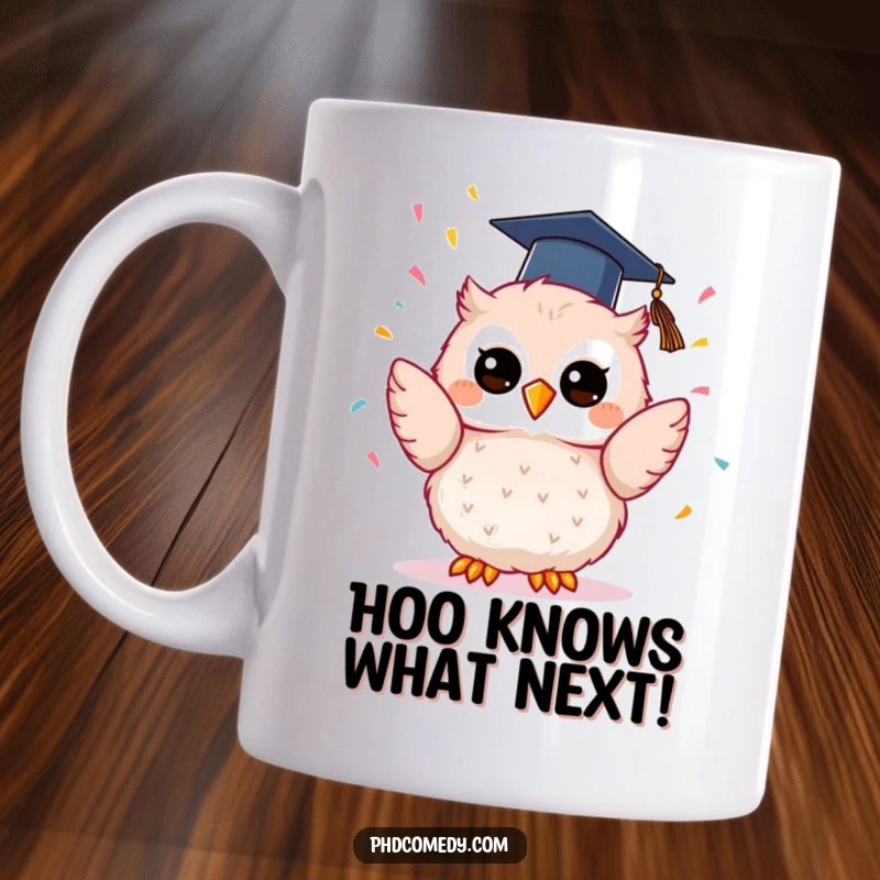 Funny kawaii owl wearing graduation cap, joyfully tossing confetti upwards in a celebratory, humorous design on a mug.