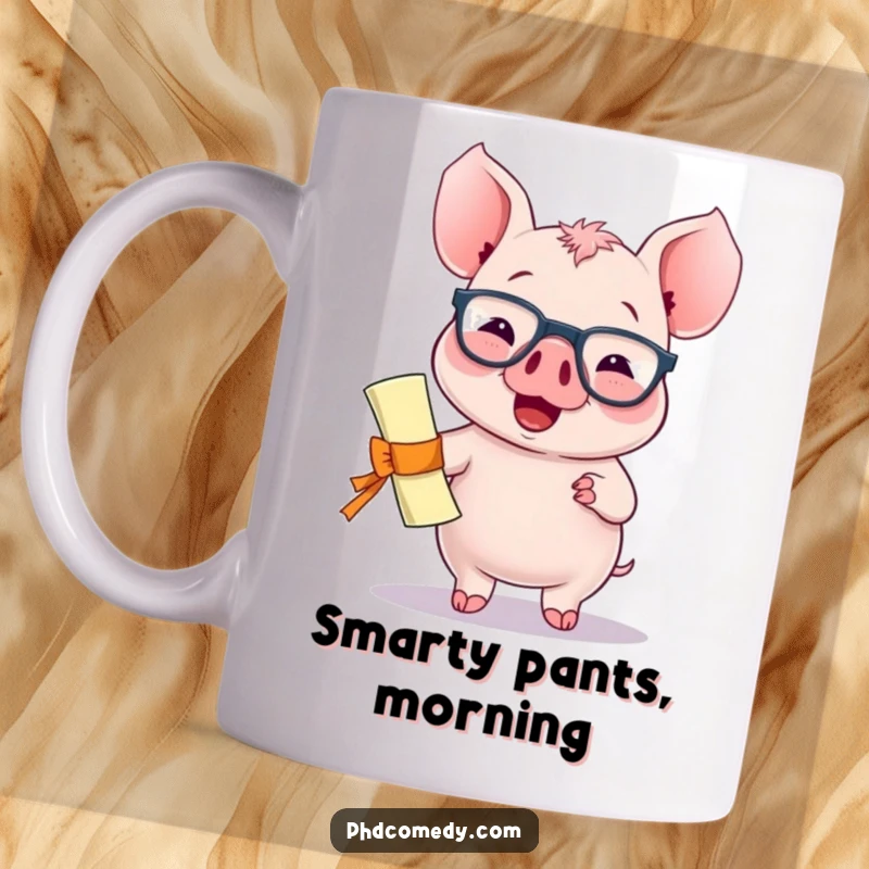 Funny giggling kawaii piglet wearing spectacles and holding a diploma with a proud bounce on a mug.