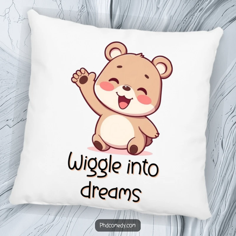 Funny playful kawaii bear cub with a silly wiggly arm, designed as a soft pillow.