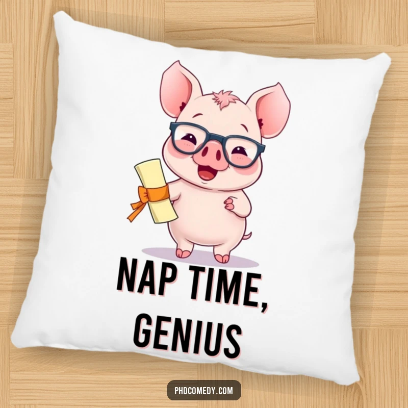 Funny giggling kawaii piglet wearing spectacles and holding a diploma, designed as a soft pillow.