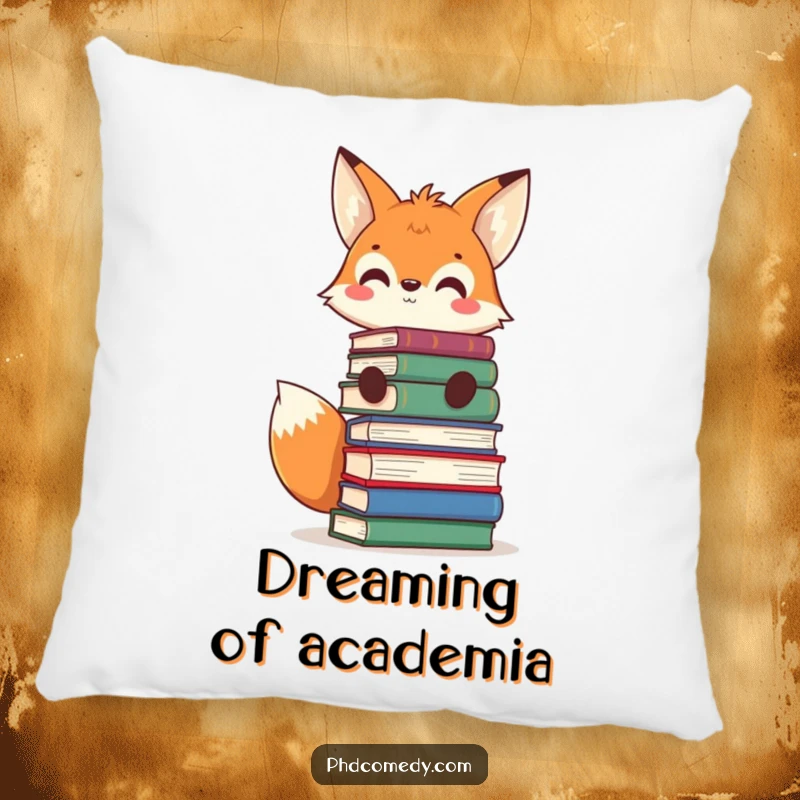 Funny curious kawaii fox balancing books on its head, designed as a soft, comfortable pillow.