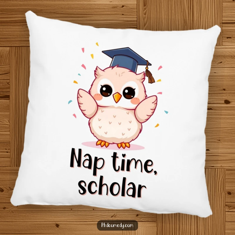 Funny kawaii owl in a graduation cap, joyfully tossing confetti upwards, designed as a soft, huggable pillow.