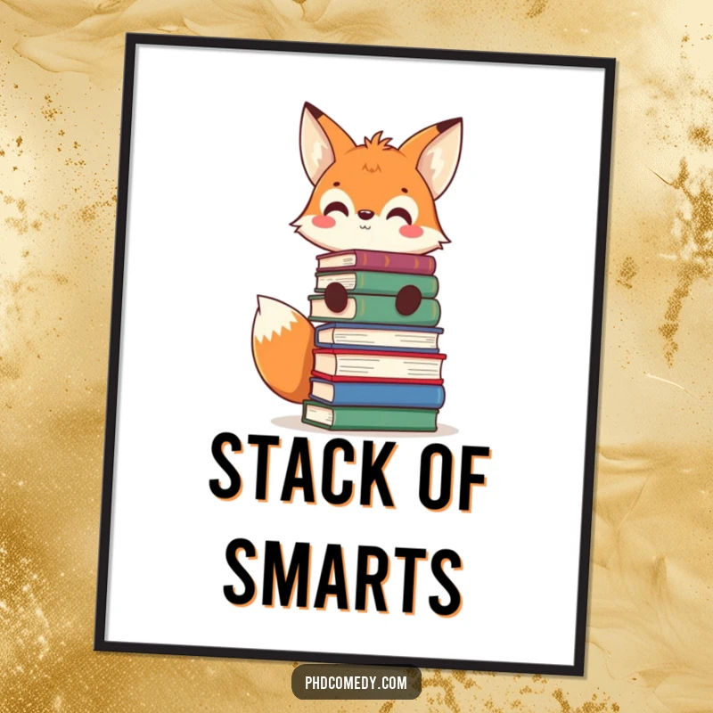 Funny curious kawaii fox balancing books on its head, grinning, as a downloadable digital art print.