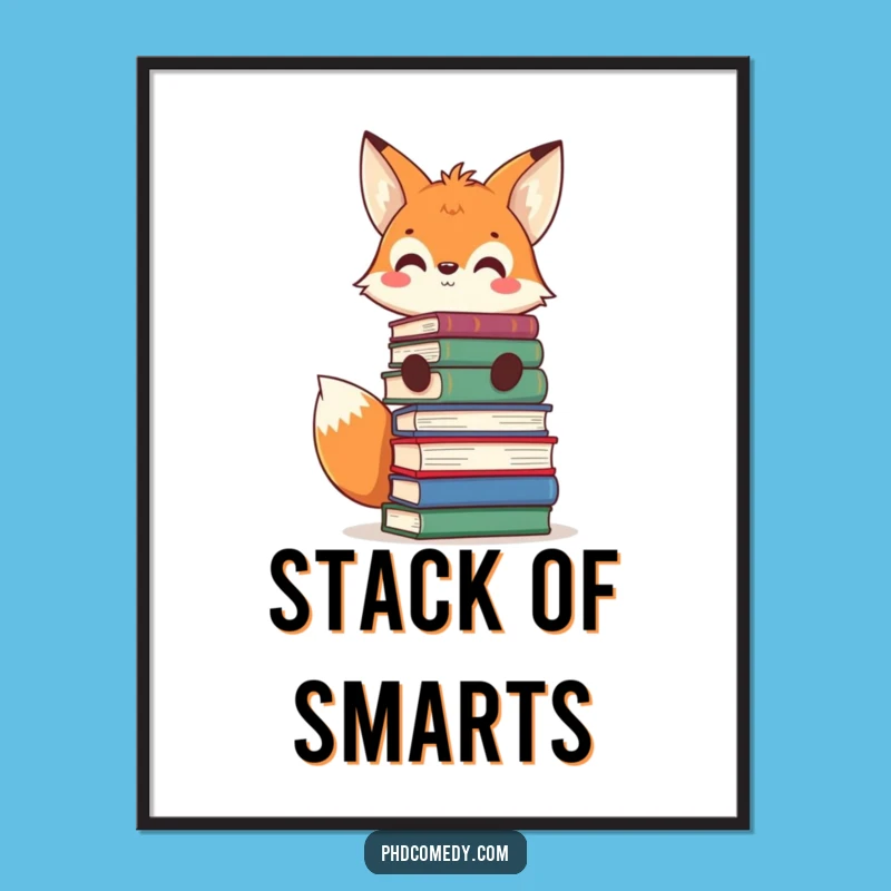 Funny Kawaii Fox Book Stack Digital Art: Literary Download, Instant Funny Gift