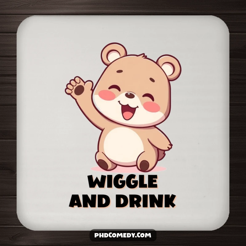 Funny playful kawaii bear cub enthusiastically gesturing with a silly wiggly arm, on a drink coaster.