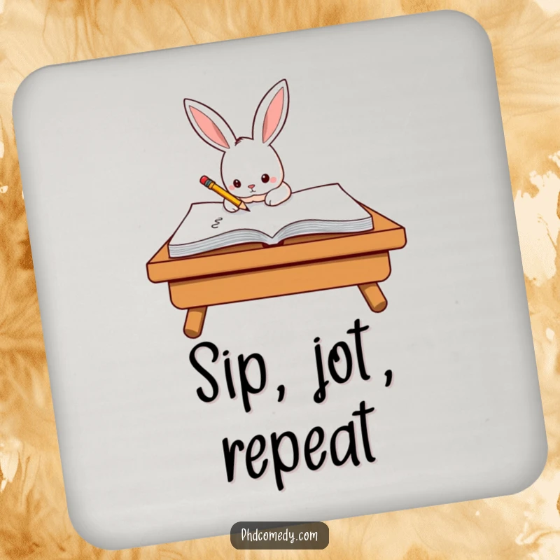Funny determined kawaii rabbit diligently scribbling on a giant notepad with a tiny pencil, on a drink coaster.