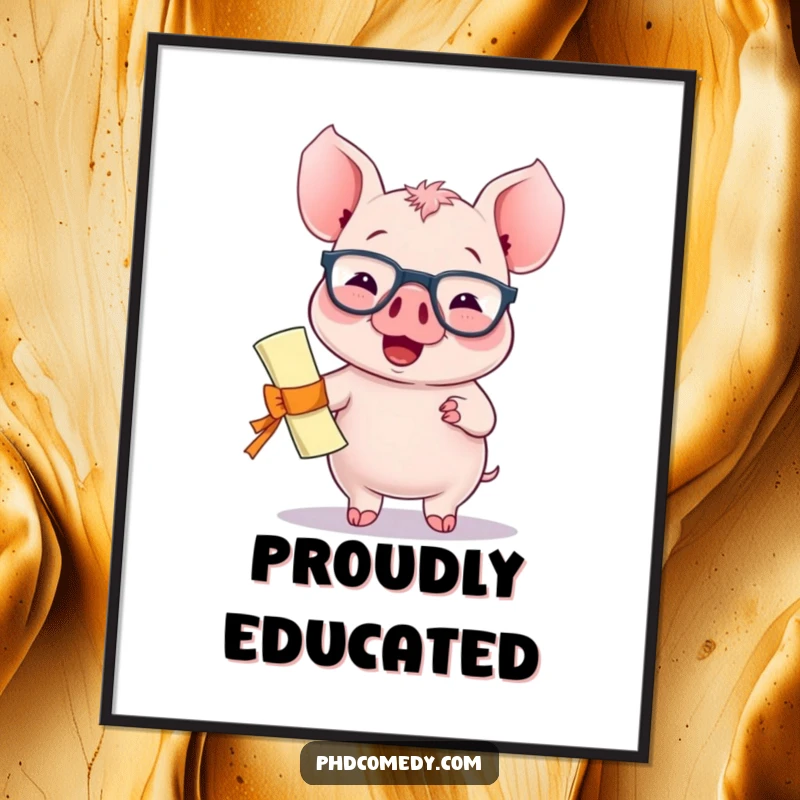 Funny giggling kawaii piglet wearing spectacles and holding a diploma with a proud bounce, as wall art.