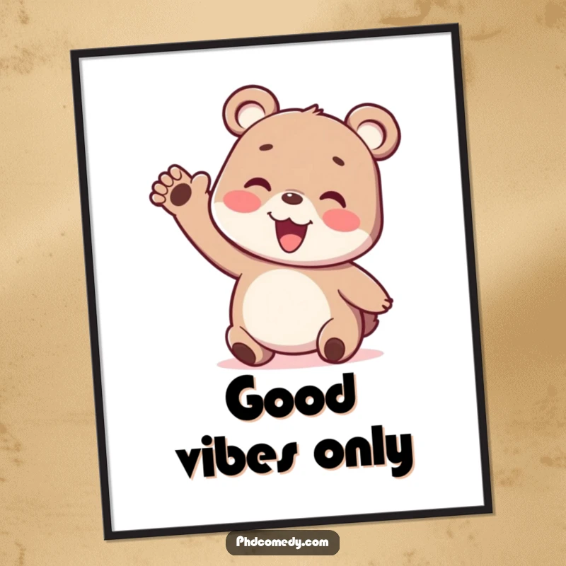 Funny playful kawaii bear cub enthusiastically gesturing with a silly wiggly arm, as wall art.