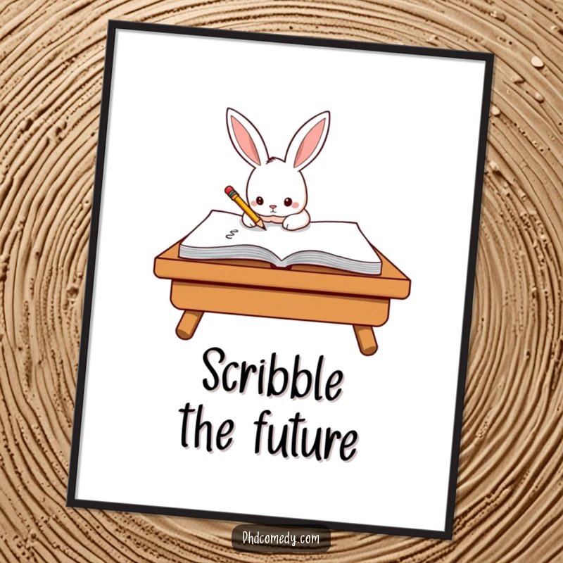 Funny determined kawaii rabbit diligently scribbling on a giant notepad with a tiny pencil, as wall art.