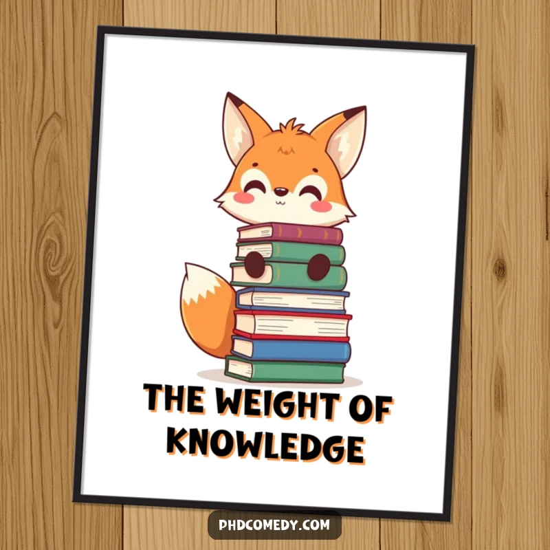 Funny curious kawaii fox balancing a stack of large books on its head with a grin, as wall art.