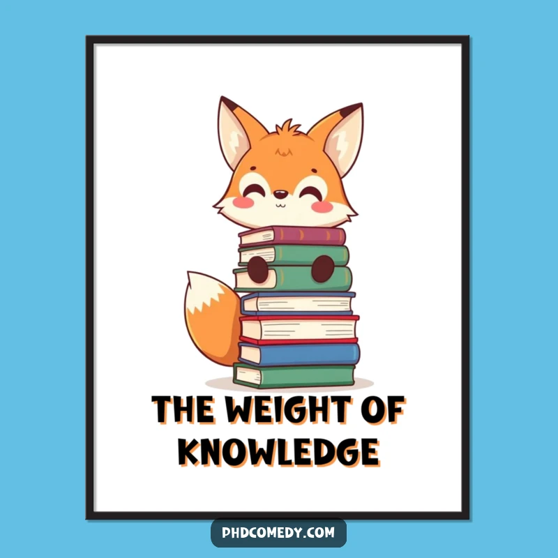 Funny Kawaii Fox Book Stack Poster: Literary Balance Art, Memorable Funny Gift