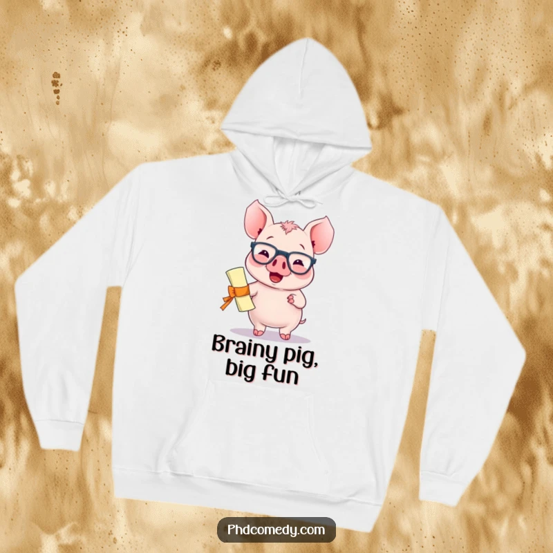 Funny giggling kawaii piglet wearing spectacles and holding a diploma with a proud bounce, on a hoodie.