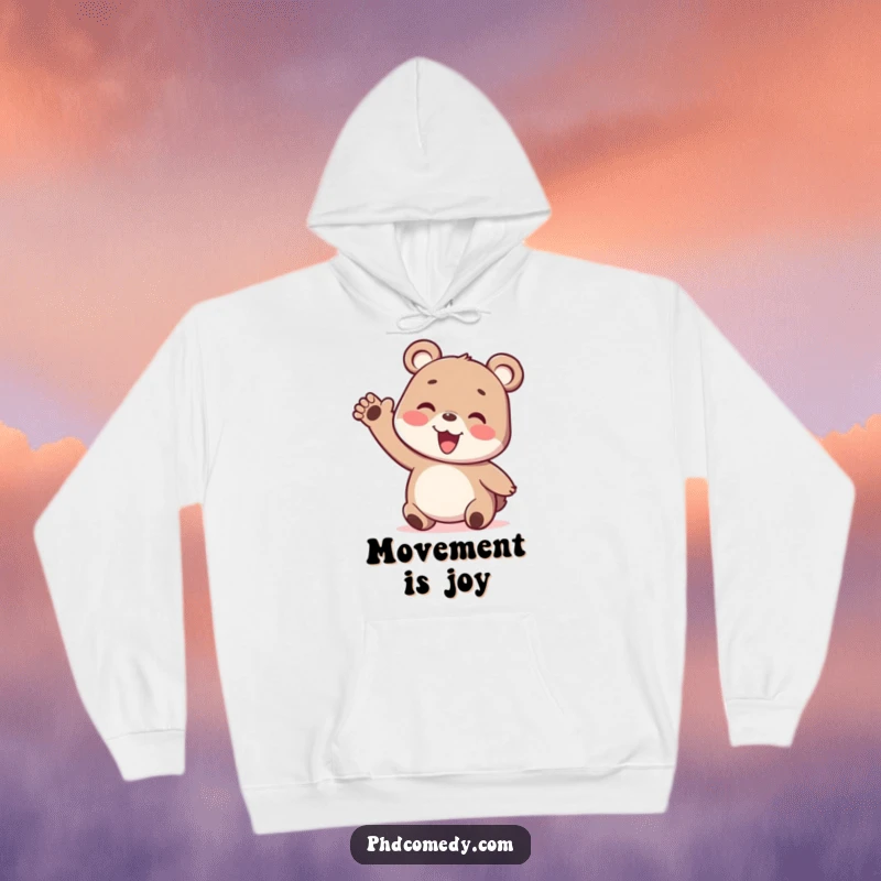 Funny playful kawaii bear cub with a silly wiggly arm, designed to be cozy on a hoodie.