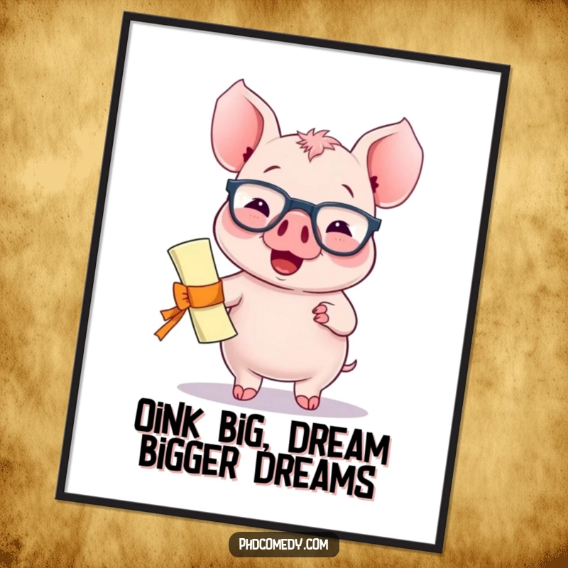Funny Free Printable Wall Art: Giggling kawaii piglet in spectacles holding a diploma, bouncing with visible pride and joy.