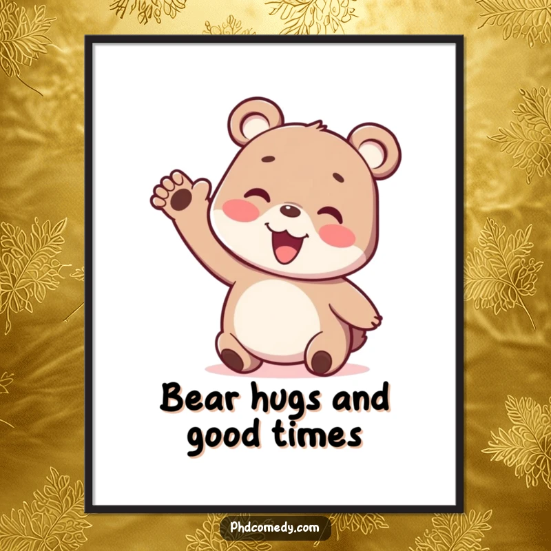 Funny Free Printable Wall Art: Playful kawaii bear cub enthusiastically gesturing with a silly, energetic wiggly arm.