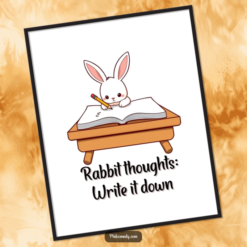 Funny Free Printable Wall Art: Determined kawaii rabbit intently scribbling on a giant notepad with a tiny, focused pencil.