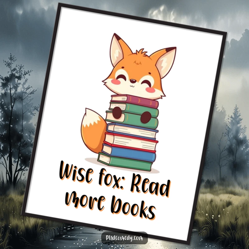 Funny Free Printable Wall Art: Curious kawaii fox with a grin, expertly balancing a tall stack of books on its head.