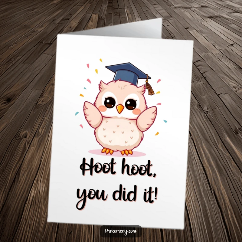 Funny Free Printable Congrats Card: Adorable kawaii owl in graduation cap joyfully tossing confetti to celebrate success.