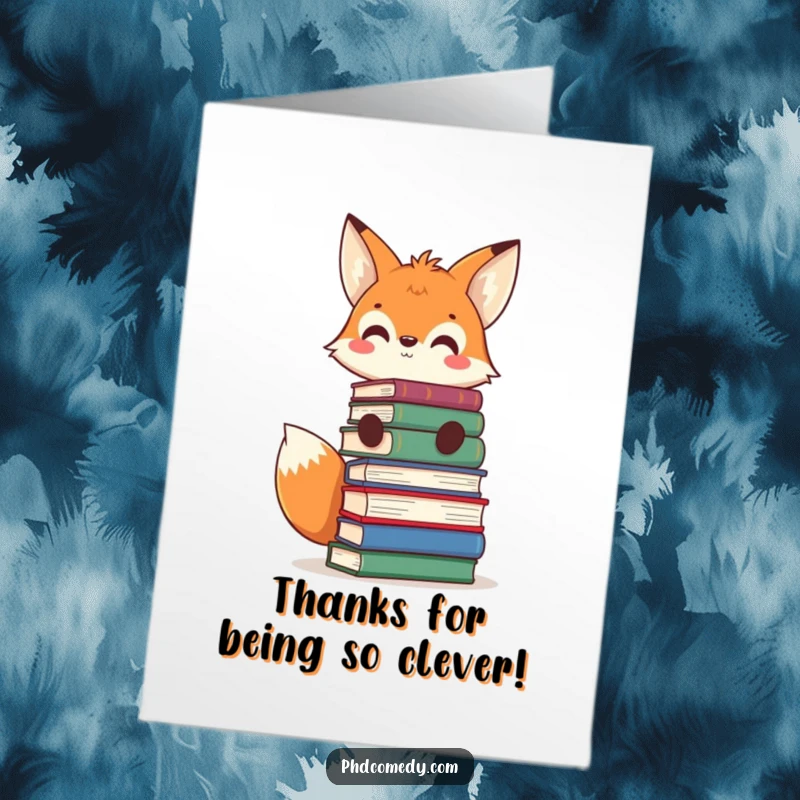 Funny Free Printable Thank You Card: Kawaii fox with a big grin, balancing books, showing a smart and funny thank you.