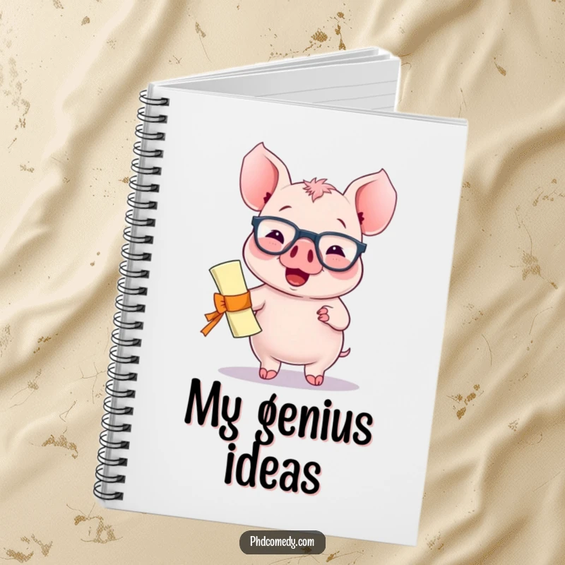 Funny giggling kawaii piglet wearing spectacles and holding a diploma with a proud bounce, on a notebook cover.