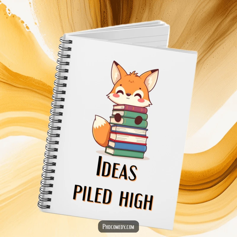 Funny curious kawaii fox balancing books on its head, grinning, on a humorous notebook cover.