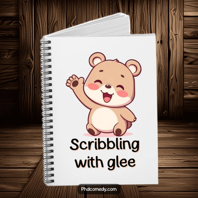 Funny playful kawaii bear cub with a silly wiggly arm, on a notebook cover.