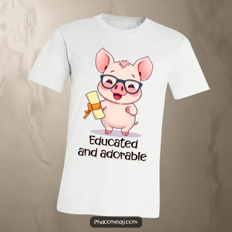 Funny giggling kawaii piglet wearing glasses and holding a diploma with a proud bouncing stance on a t-shirt.
