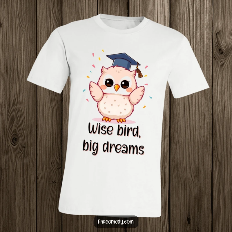 Funny kawaii owl sporting a graduation cap, gleefully launching confetti upwards on a humorous t-shirt.