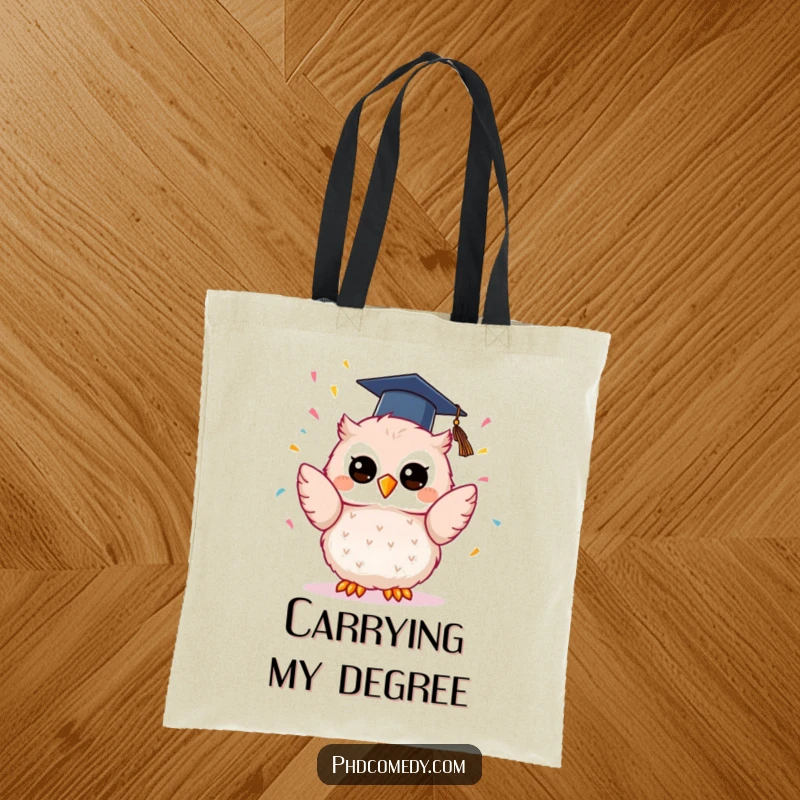 Funny kawaii owl with a graduation cap, joyfully scattering confetti upwards, printed on a durable tote bag.
