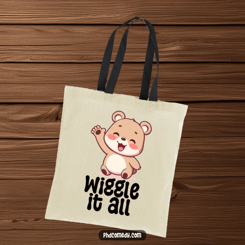Funny playful kawaii bear cub enthusiastically gesturing with a silly wiggly arm, on a tote bag.